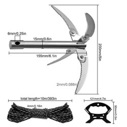 Anclaje de Barco Plegable, AMONENZ Ancla de Malas Hierbas de 4 Ganchos, con Cuerda de 10 m y Mango de Cuerda, Longitud Desple